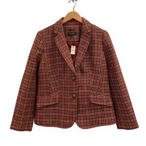 Talbots Blazer Womens 16 Red Black Houndstooth Plaid Wool Lined Classic Jacket